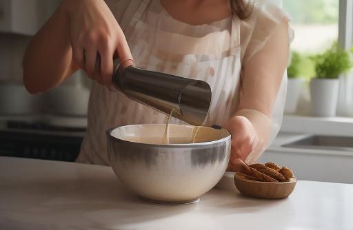 Almond milk being poured into a mixing bowl
