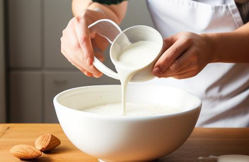 Almond milk being poured into a mixing bowl vegan baking