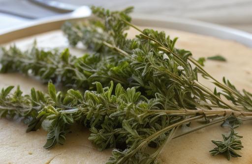 Fresh thyme leaves on dough