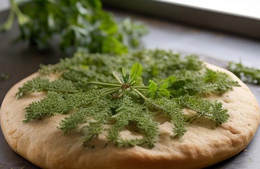 Fresh thyme leaves on dough aromatic