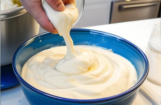 Greek yogurt being mixed baking preparation