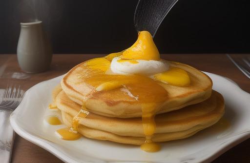 Pancakes on a griddle with eggs