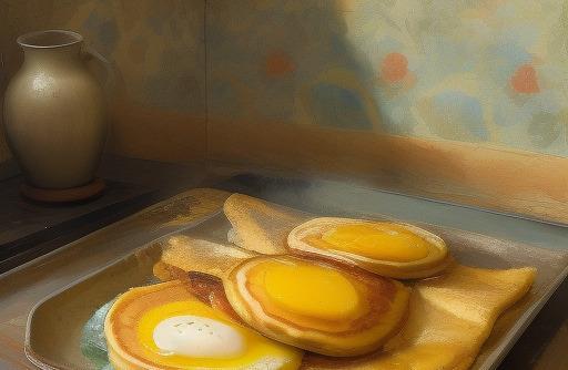 Pancakes on a griddle with eggs breakfast spread