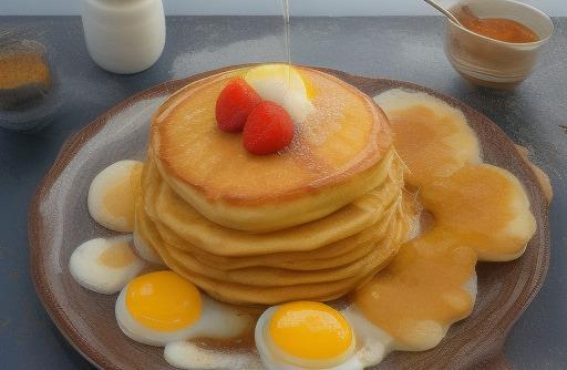 Pancakes on a griddle with eggs