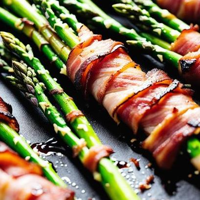 close up view of oven cooked bacon wrapped asparagus