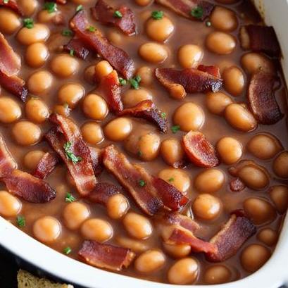 close up view of oven cooked baked beans with bacon