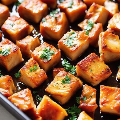 close up view of oven cooked chicken cubes