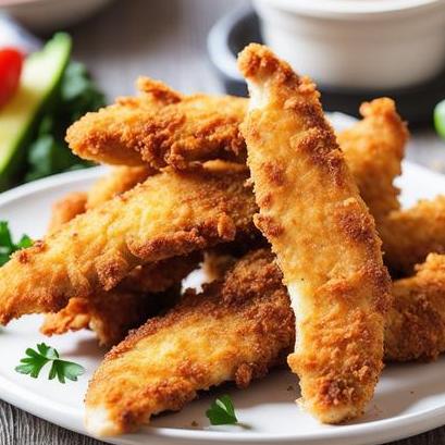close up view of oven cooked chicken fingers