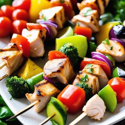 close up view of oven cooked chicken shish kabobs