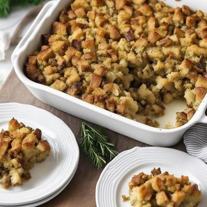 close up view of oven cooked stuffing in pan